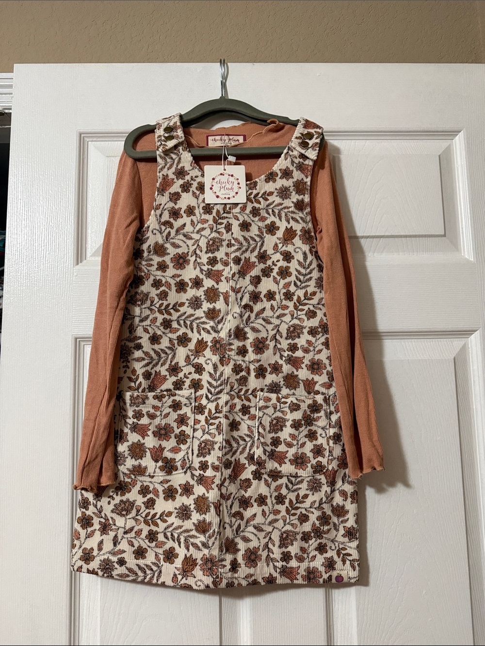 Cheeky Plum Cream Floral Corduroy Pinafore with Rust Top